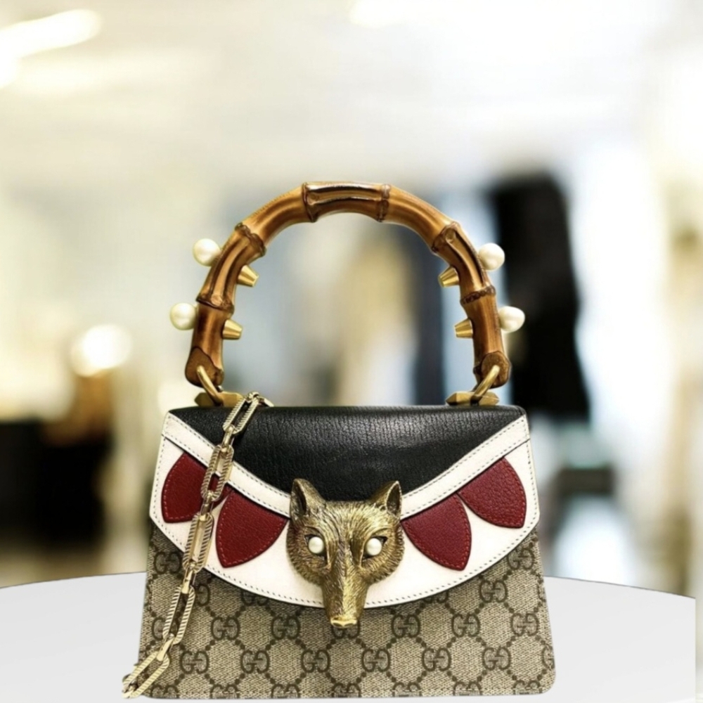 Gucci GG Supreme Pearl Mini Fox Broche Bamboo Top Handle Bag